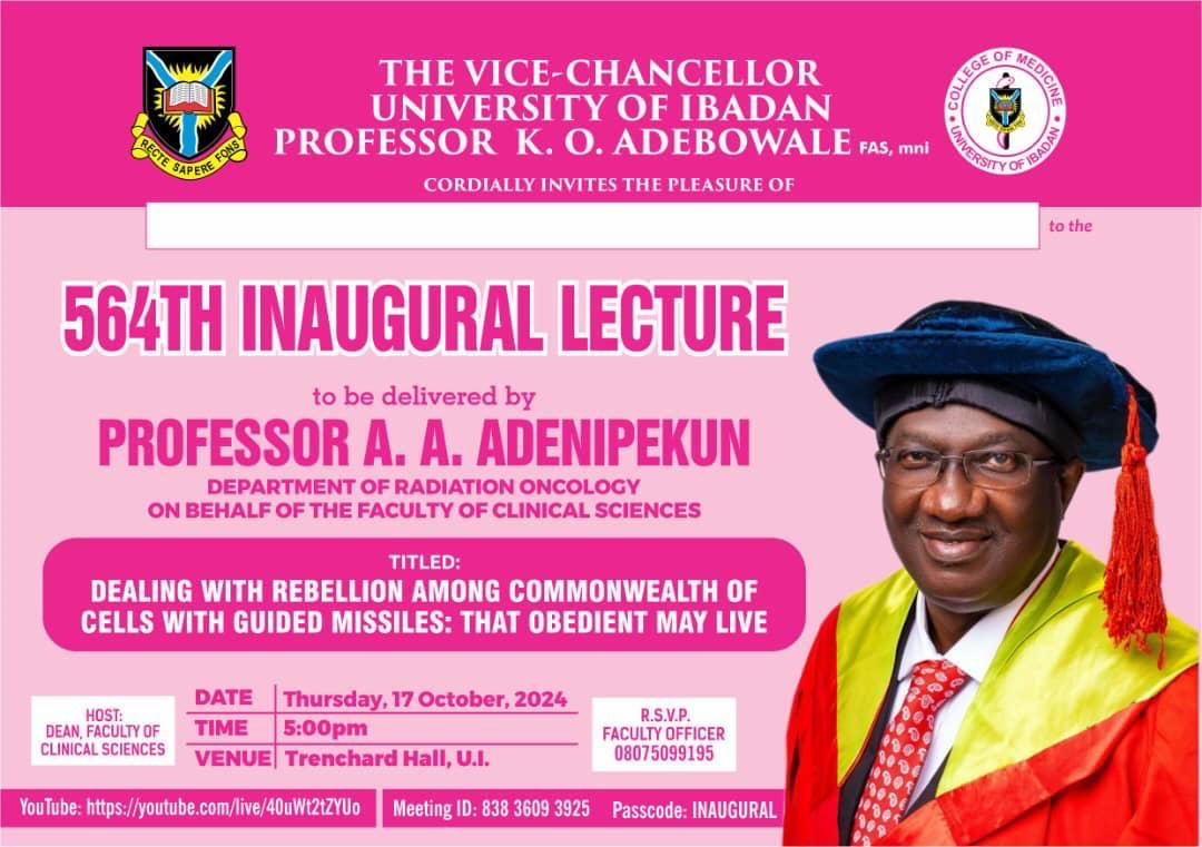 564TH INAUGURAL LECTURE TO BE DELIVERED BY PROF ADENIYI ABIDEMI ADENIPEKUN